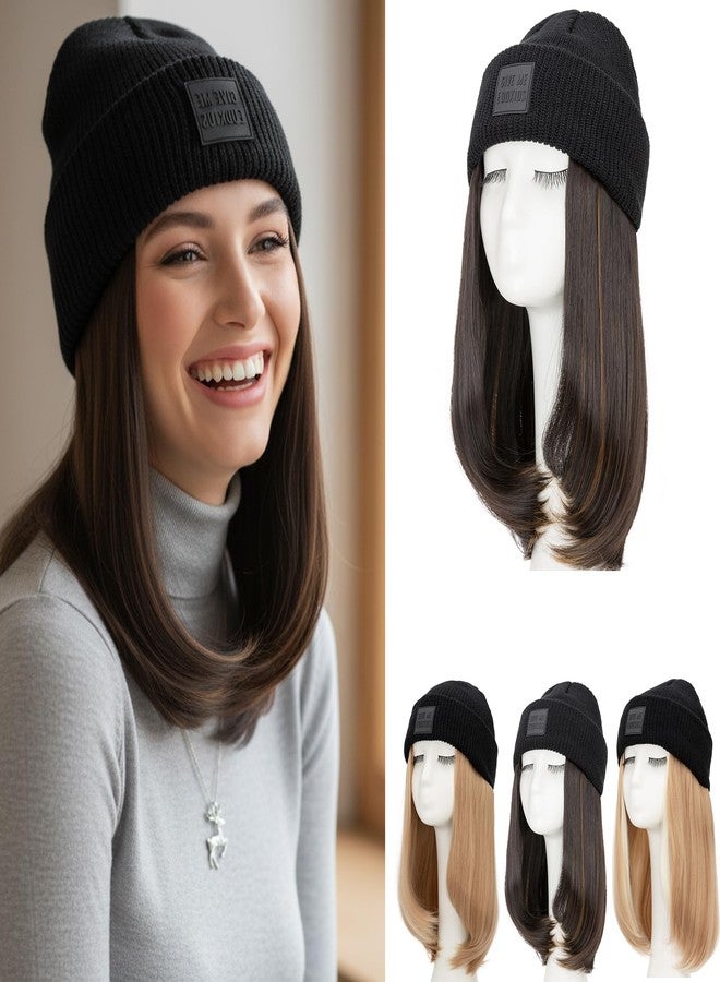 S-noilite Beanie Wig Hat with Hair Attached for Women Knitted Beanie Wig Winter Warm Hat Hair Extentions with 11" Straight Hair Synthetic Hairpiece for Women Girls(18",#4P27 Brown Highlighted) - Image 1